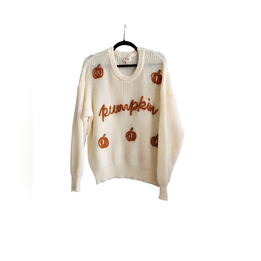 Pumpkin Embroidered Cream Sweater, Size XL